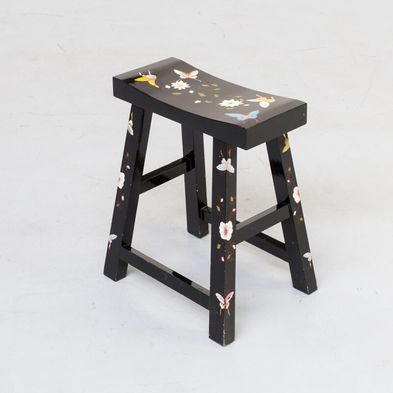 Vintage Asian black lacquered handpainted stool with butterfly