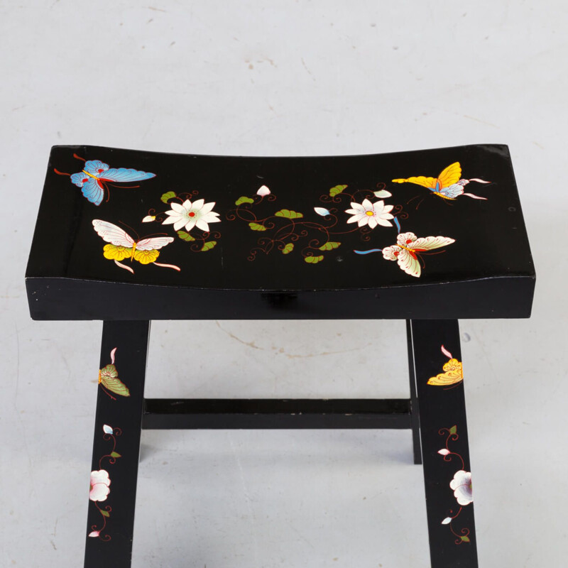 Vintage Asian black lacquered handpainted stool with butterfly