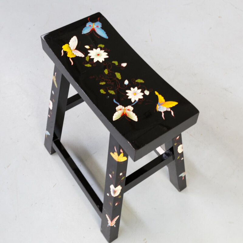 Vintage Asian black lacquered handpainted stool with butterfly