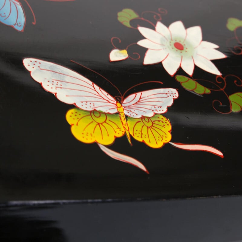 Vintage Asian black lacquered handpainted stool with butterfly