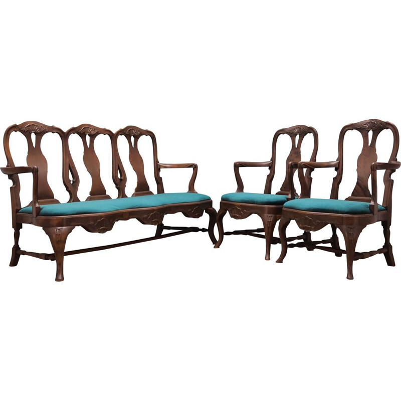 Vintage walnut wood living room set Chippendale style 1970	