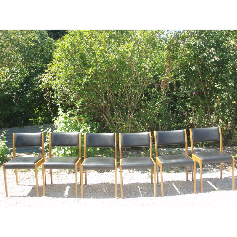 Lot de 6 chaises vintage scandinave en skai noir 1970