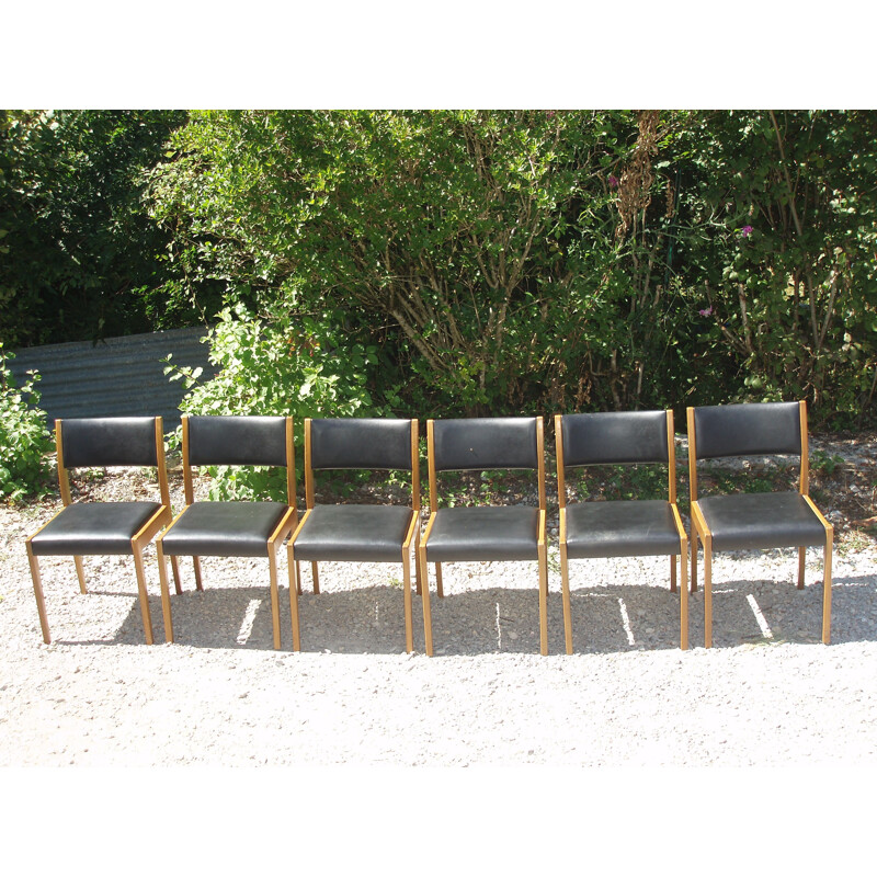 Set of 6 Scandinavian vintage chairs in black skai 1970s