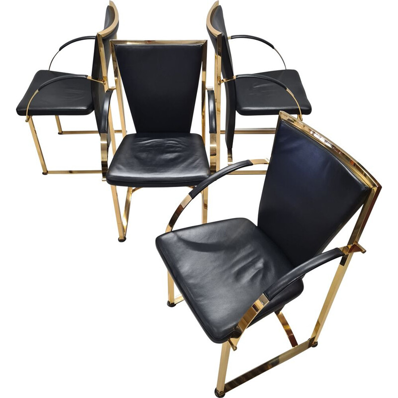 Set of 4 vintage brass & leather dining chairs by Ronald Schmitt, German