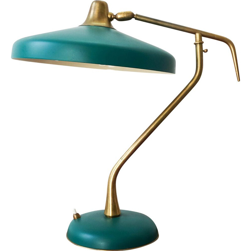 Vintage table lamp  brass and lacquered green aluminium by Oscar Torlasco for LUMI Milano Italy 1950