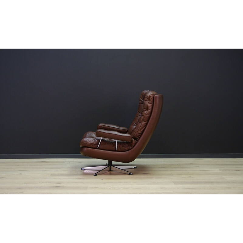 Vintage brown leather and steel vintage armchair scandinavian 1970s