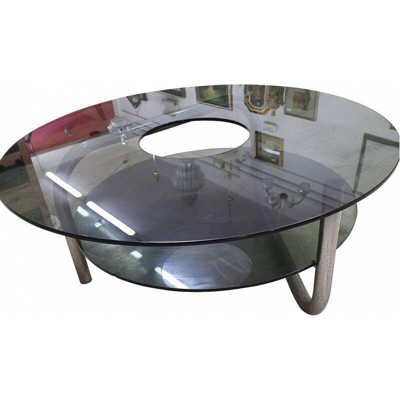 Vintage Coffee table in steel and smoked glass Italian 1970