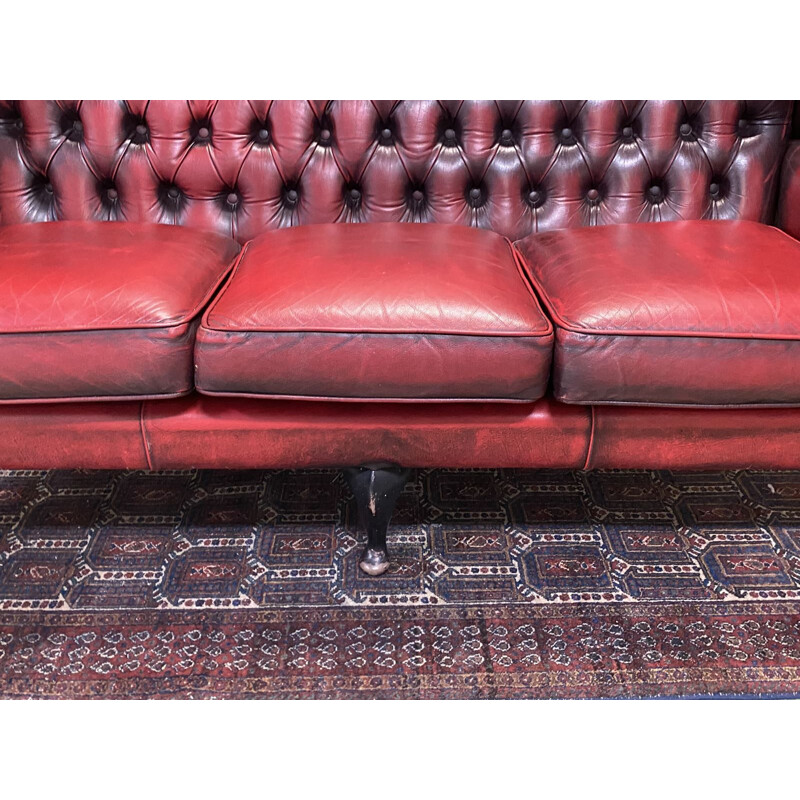 Canapé vintage Chesterfield 3 places en cuir rouge 1980