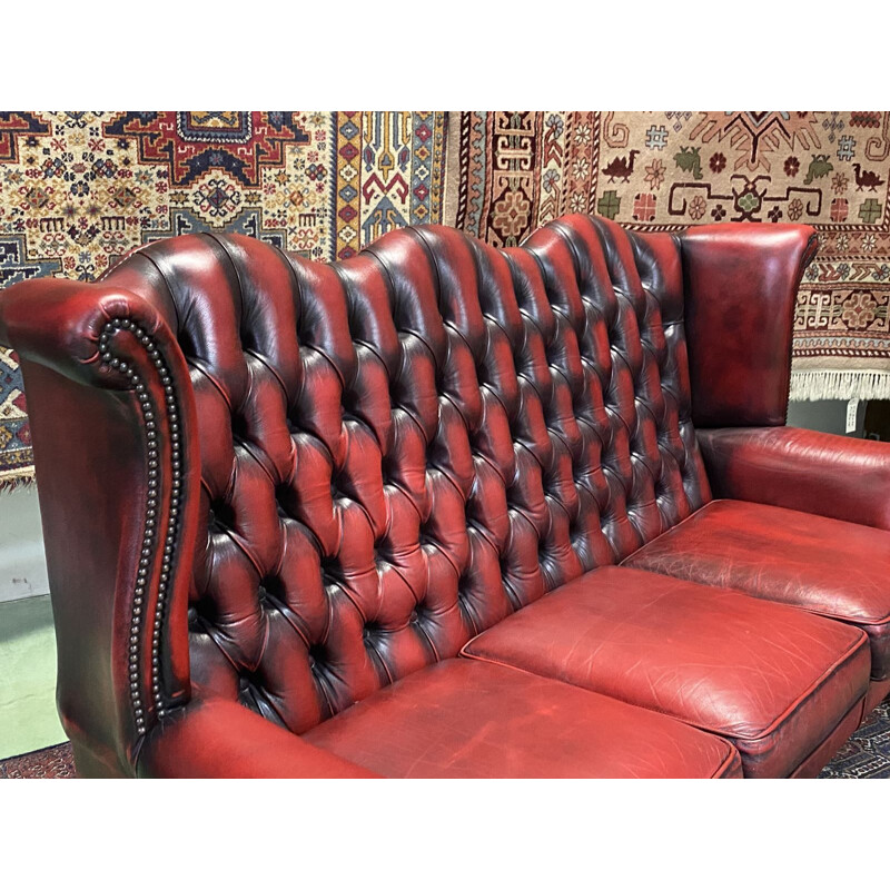 Canapé vintage Chesterfield 3 places en cuir rouge 1980