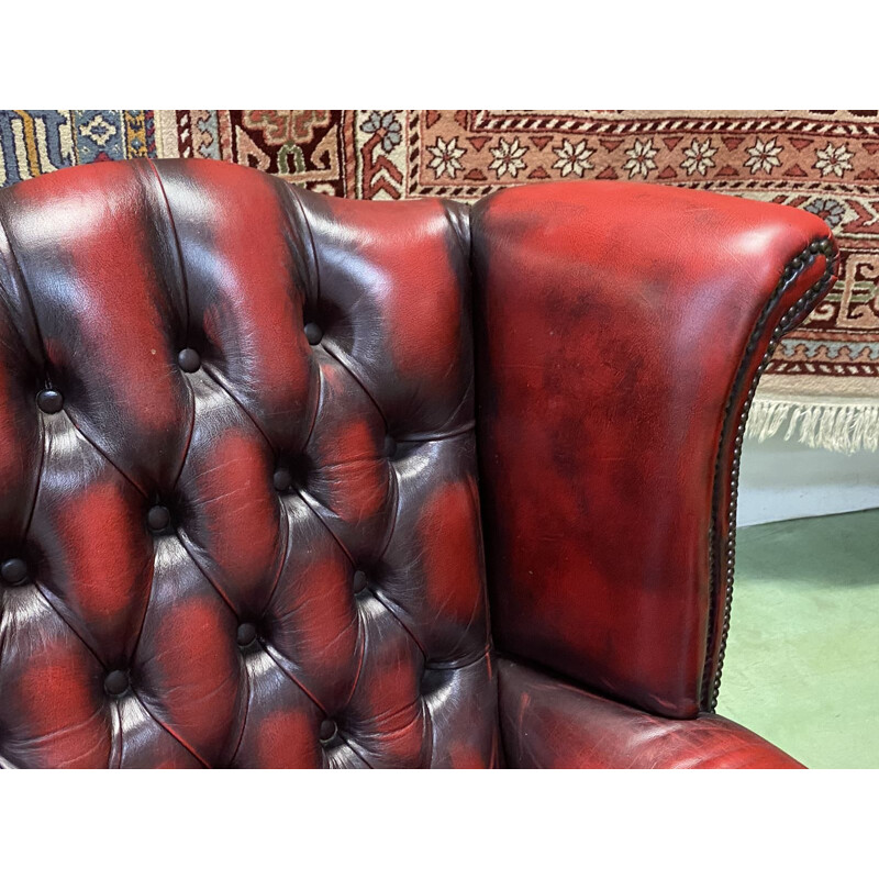 Canapé vintage Chesterfield 3 places en cuir rouge 1980