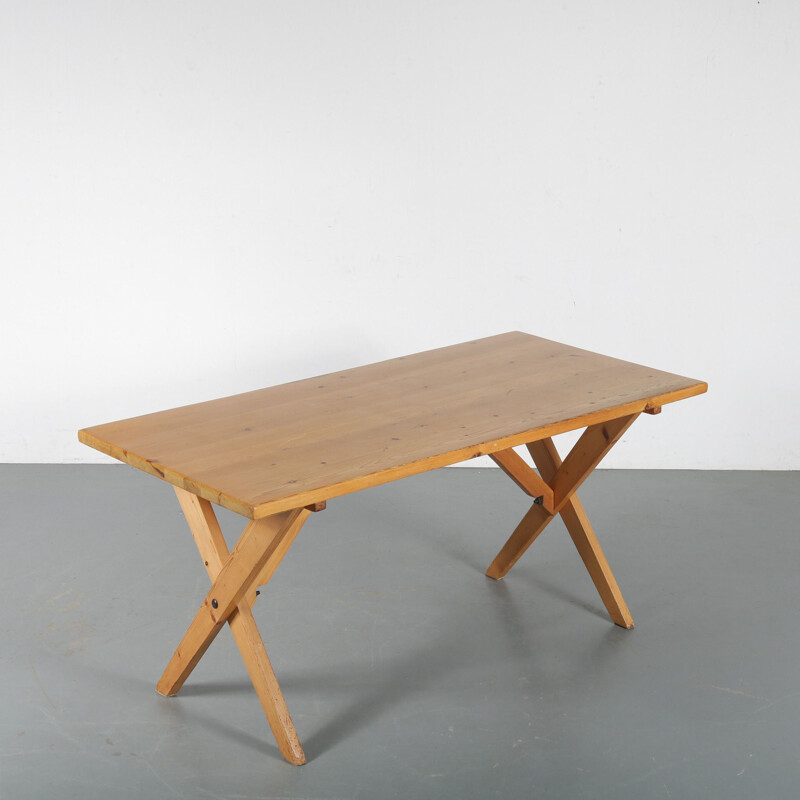 Vintage Pine cross base dining table France 1960s