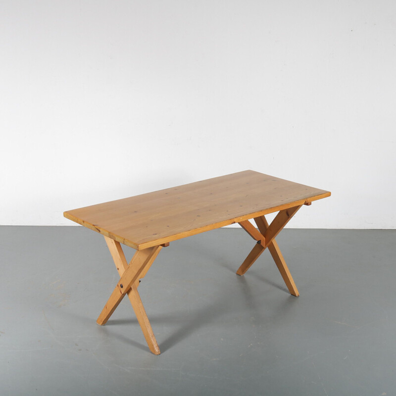 Vintage Pine cross base dining table France 1960s