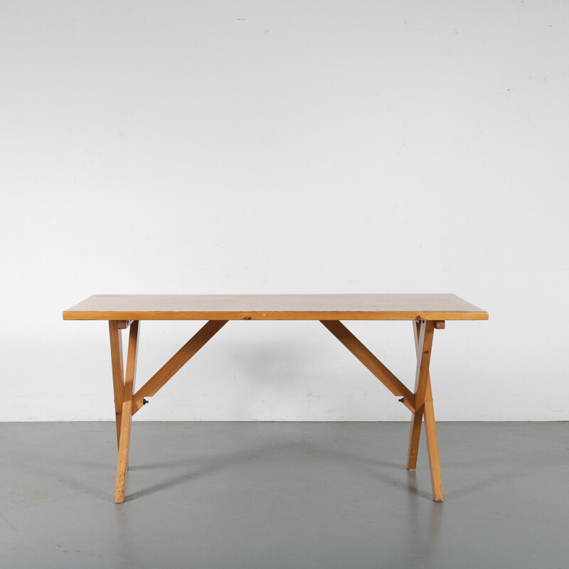 Vintage Pine cross base dining table France 1960s