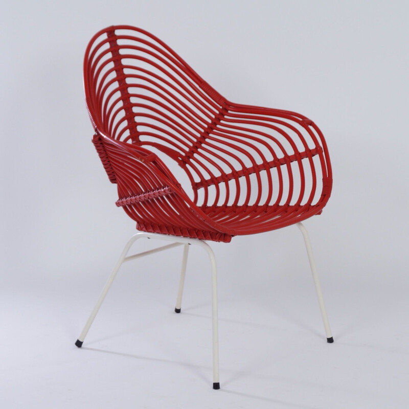 Fauteuil Vintage en rotin rouge par Rohe Noordwolde 1960