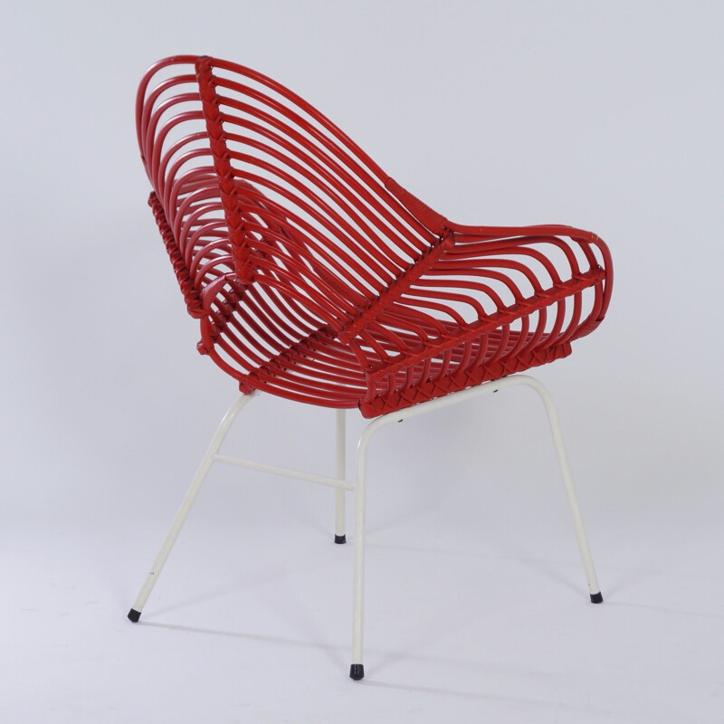 Fauteuil Vintage en rotin rouge par Rohe Noordwolde 1960