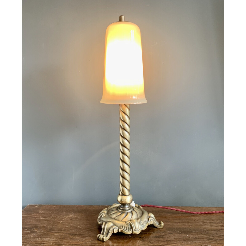 Vintage Brass Lamp with Opal Glass Shade