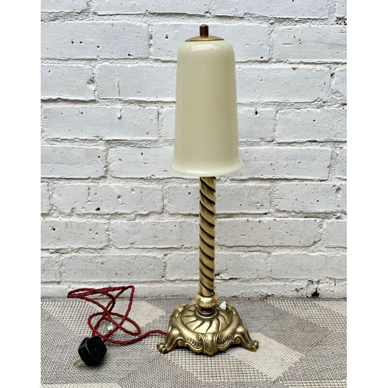 Vintage Brass Lamp with Opal Glass Shade