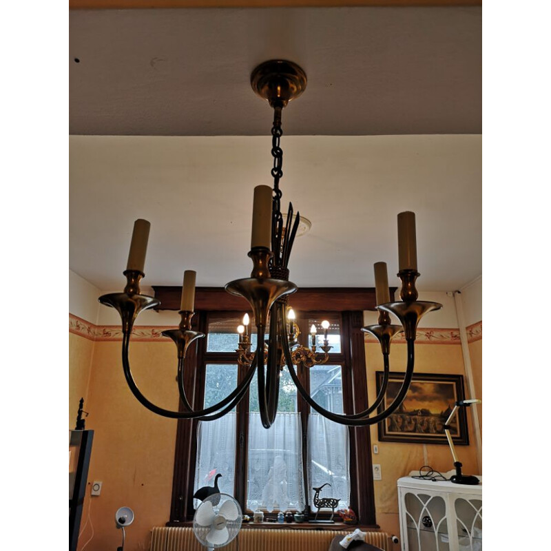 Vintage chandelier Lucien Gau à Paris brass patina gun barrel 1970