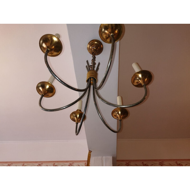 Vintage chandelier Lucien Gau à Paris brass patina gun barrel 1970