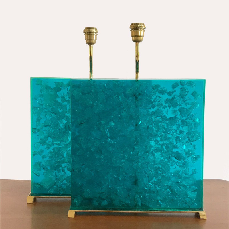 Pair of vintage turquoise fractal resin lamps, 1980