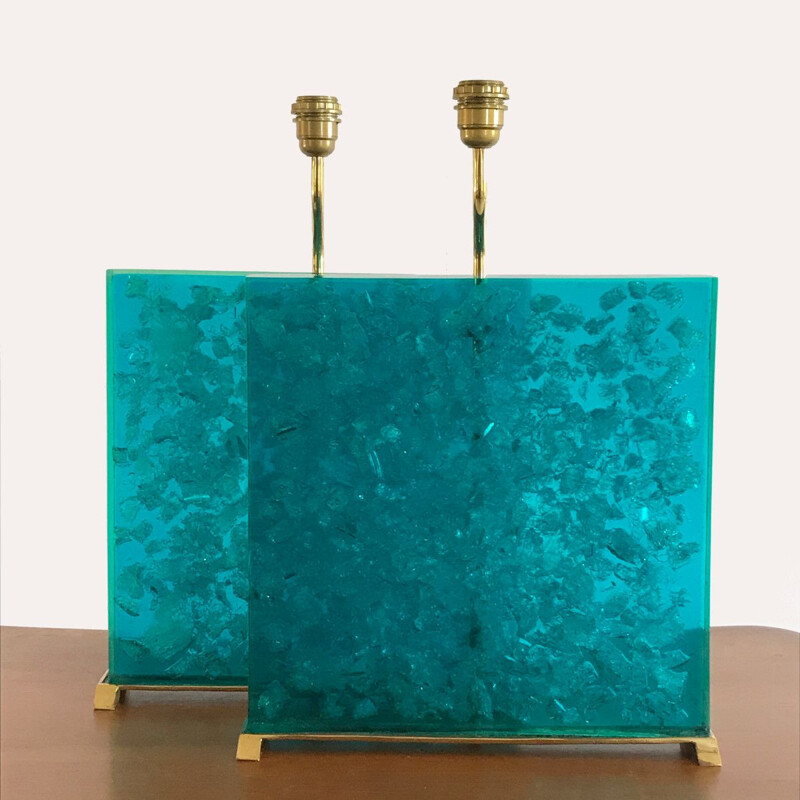 Paire de lampes vintage en résine fractale turquoise, 1980