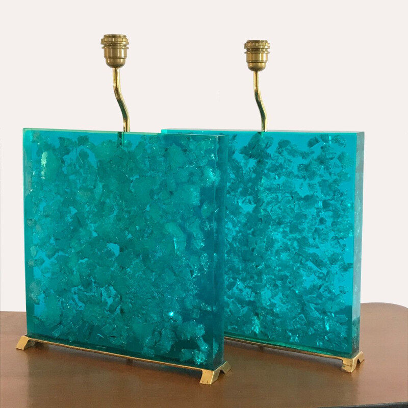 Pair of vintage turquoise fractal resin lamps, 1980