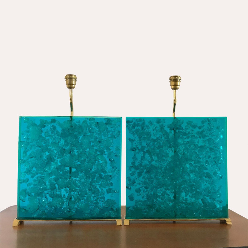 Pair of vintage turquoise fractal resin lamps, 1980