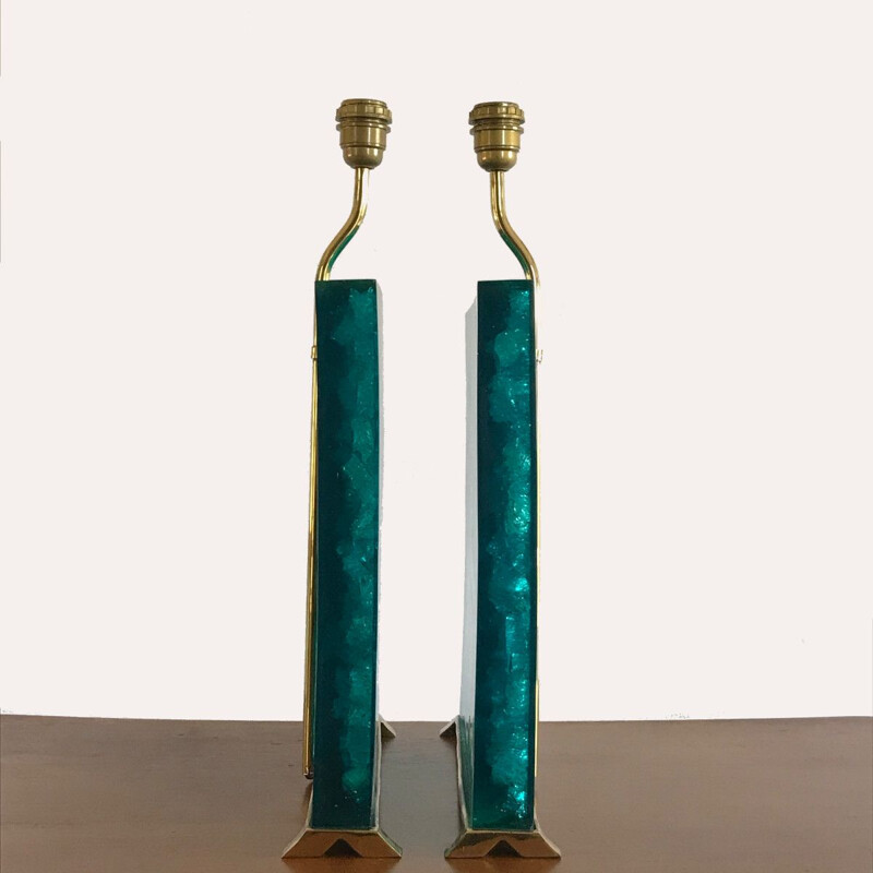 Pair of vintage turquoise fractal resin lamps, 1980