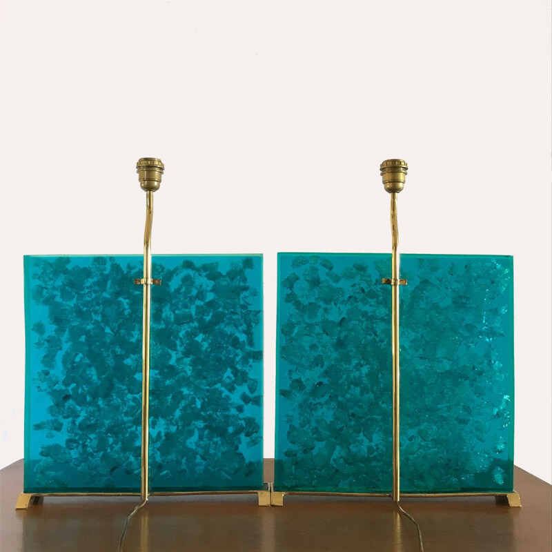 Pair of vintage turquoise fractal resin lamps, 1980