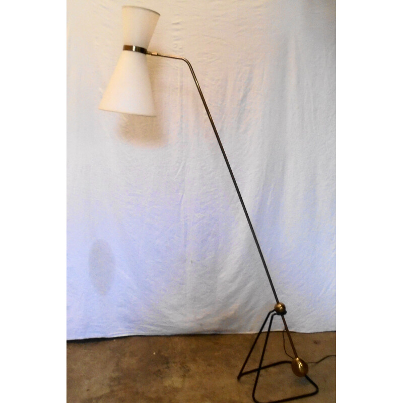 Vintage black lacquered metal pendulum floor lamp 1950