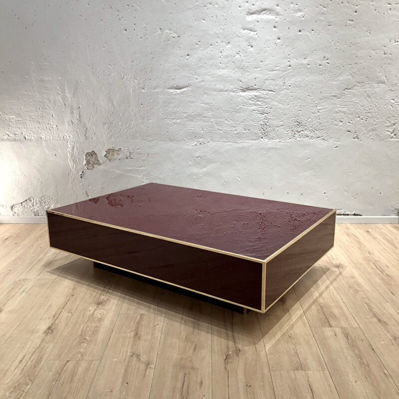 Vintage coffee table in burgundy and brass color Jean-Claude Mahey