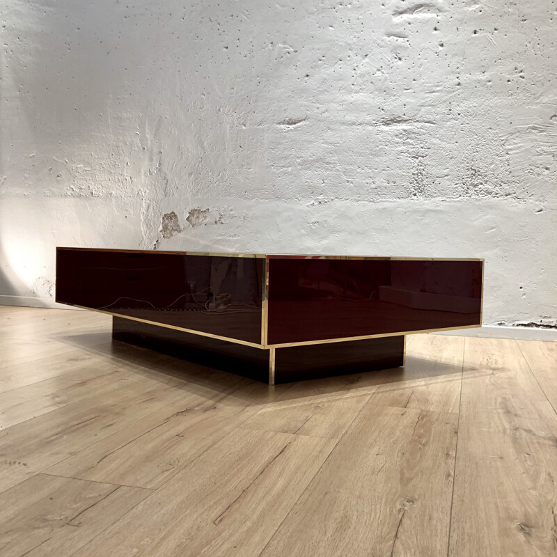 Vintage coffee table in burgundy and brass color Jean-Claude Mahey