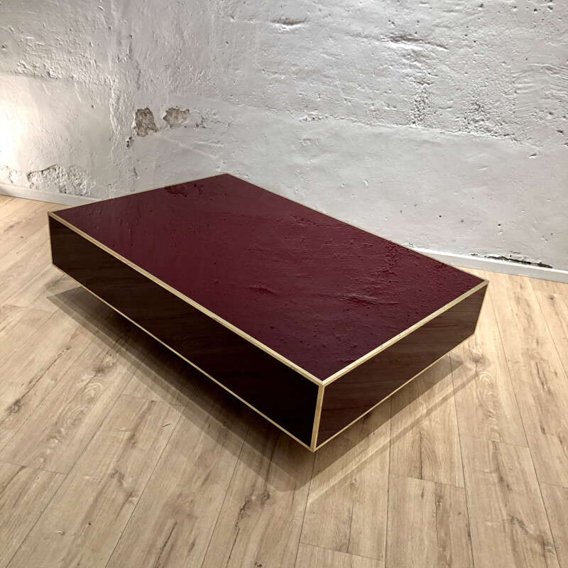 Vintage coffee table in burgundy and brass color Jean-Claude Mahey