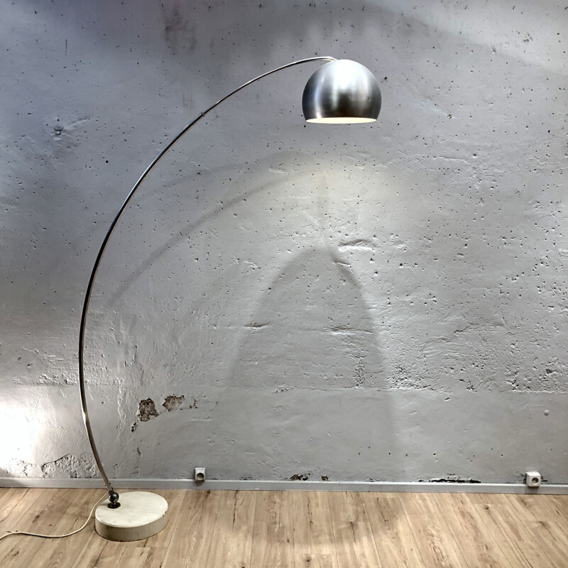 Vintage Arco floor lamp in brushed stainless steel with travertine base 1970