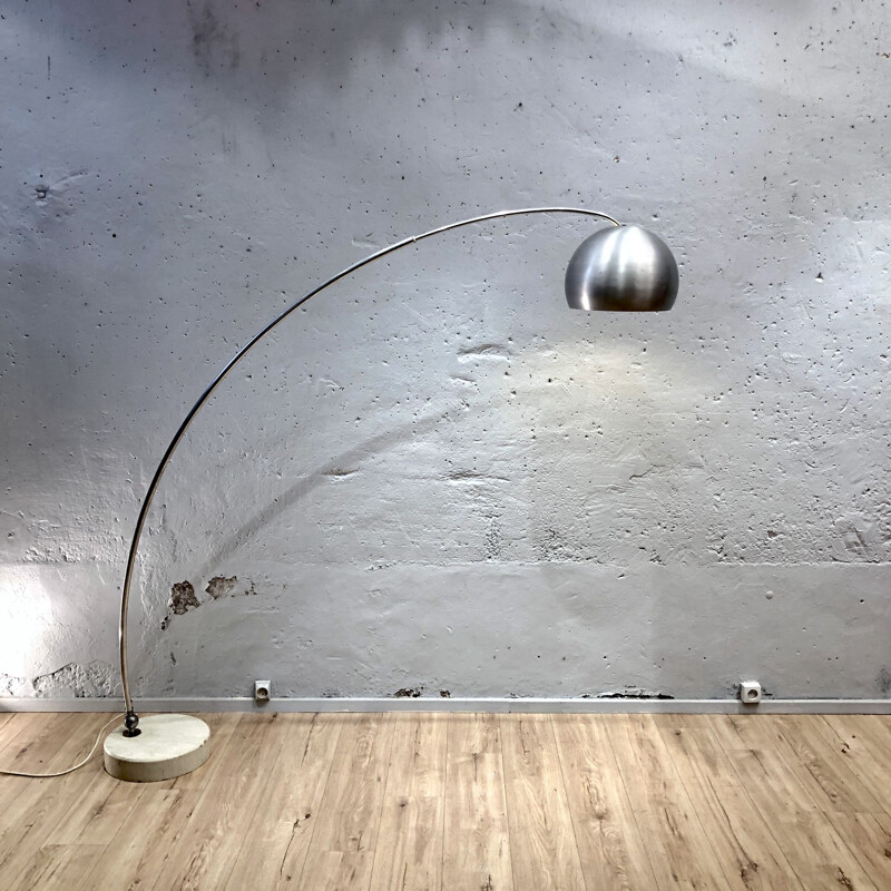 Vintage Arco floor lamp in brushed stainless steel with travertine base 1970