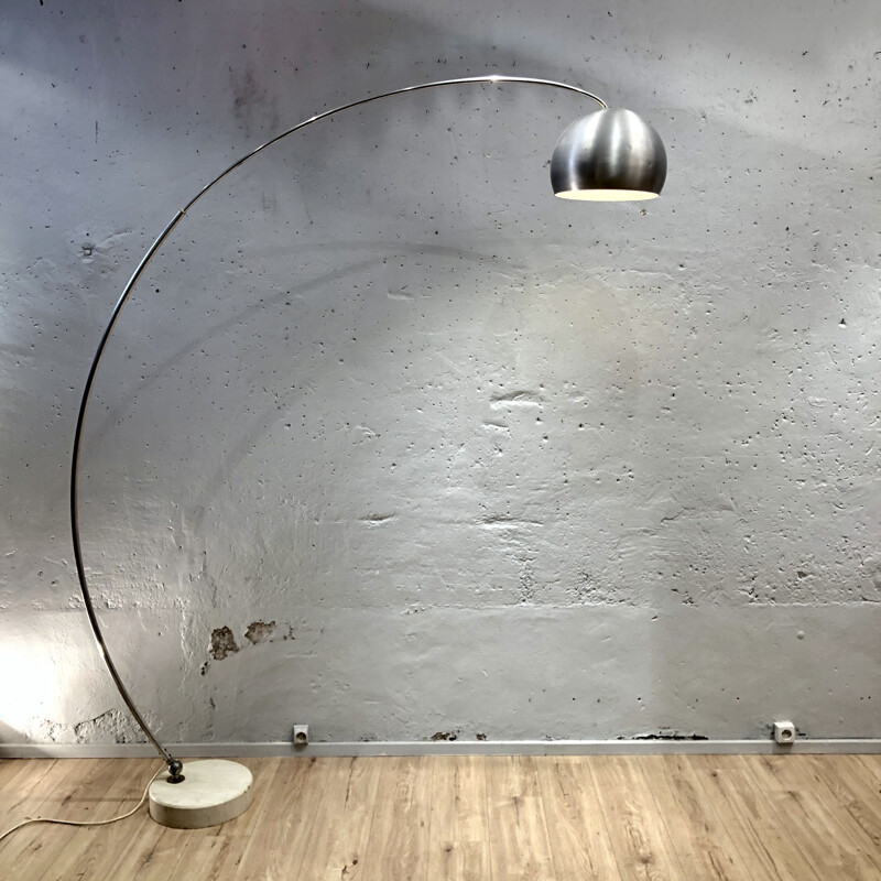 Vintage Arco floor lamp in brushed stainless steel with travertine base 1970