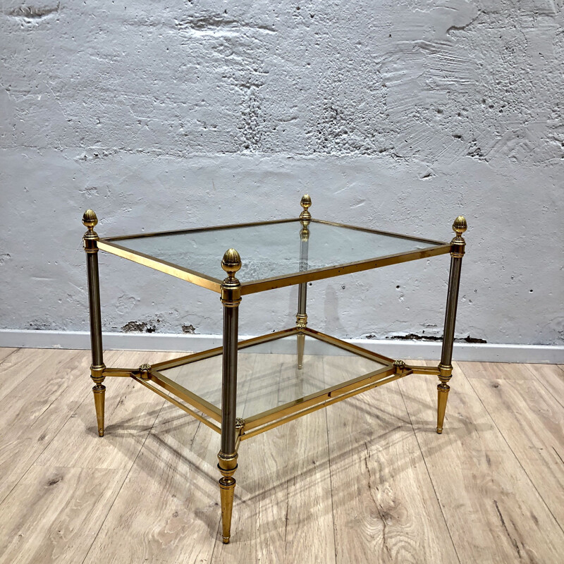 Table basse vintage Maison Jansen en bronze et verre néoclassique 1970