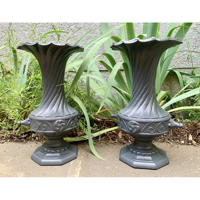 Pair of Vintage Cast Iron Urns Planters