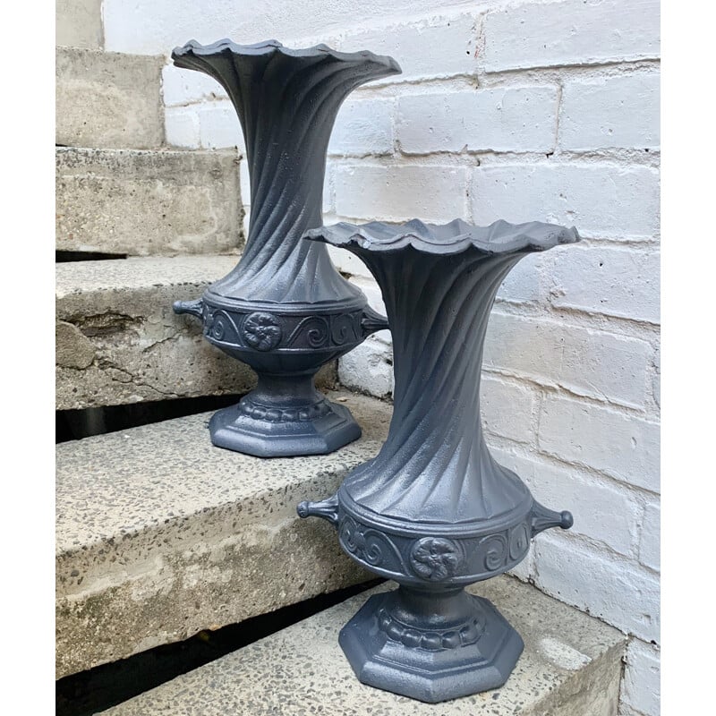 Pair of Vintage Cast Iron Urns Planters