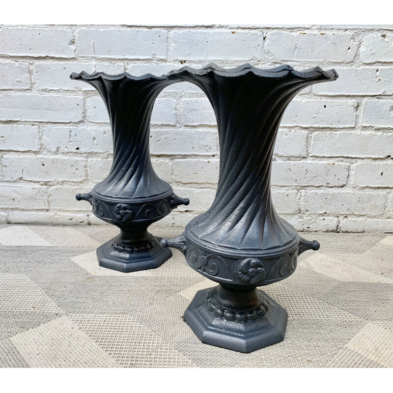 Pair of Vintage Cast Iron Urns Planters