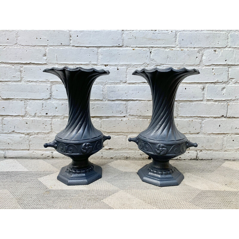 Pair of Vintage Cast Iron Urns Planters