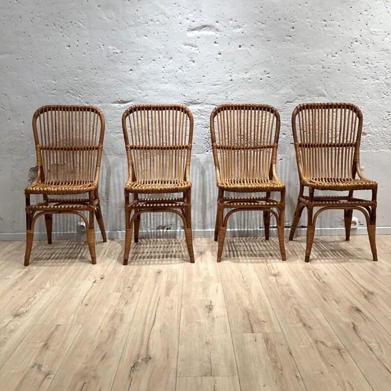 Ensemble de 4 chaises en rotin vintage 1960