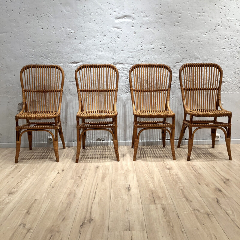 Set of 4 vintage rattan chairs 1960