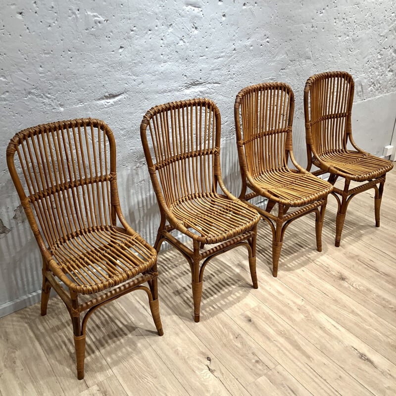 Set of 4 vintage rattan chairs 1960