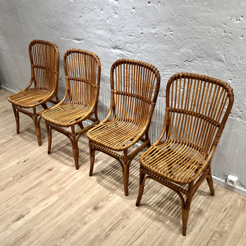Ensemble de 4 chaises en rotin vintage 1960
