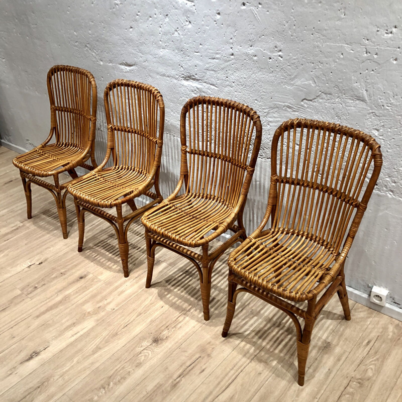 Set of 4 vintage rattan chairs 1960