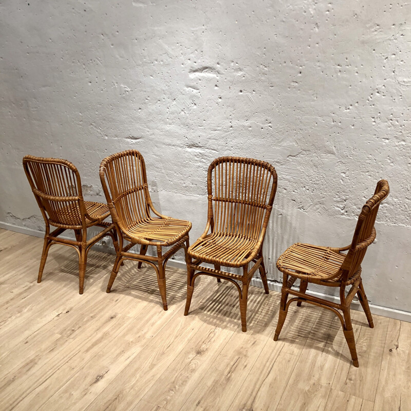 Set of 4 vintage rattan chairs 1960