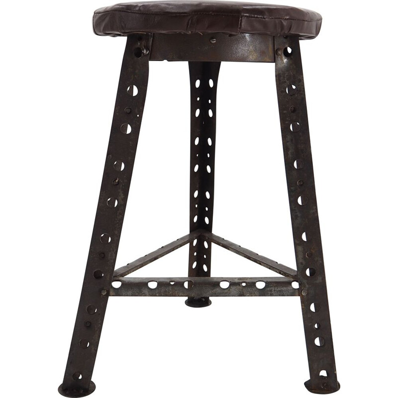 Vintage Industrial steel and leather stool