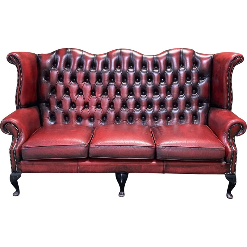 Canapé vintage Chesterfield 3 places en cuir rouge 1980