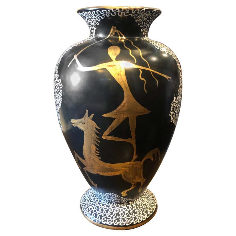 Vase vintage en céramique noir et or peint à la main italien 1960